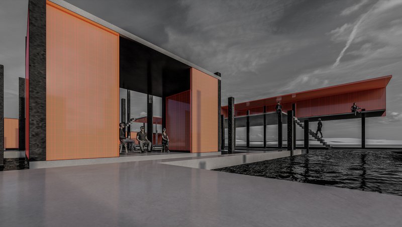 Covered waterfront terrace with orange paneled volumes and figures seated beneath a dramatic clouded sky