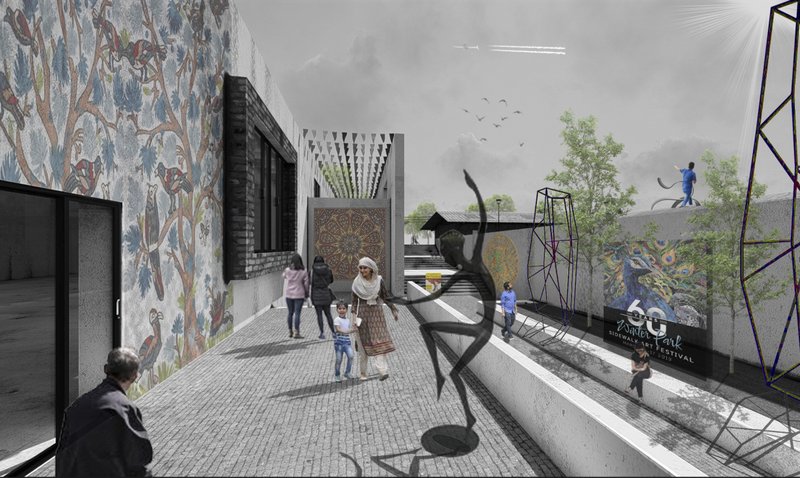 A vibrant pedestrian spine animated by murals, sculptures, and local crafts, celebrating Kashmir’s artistic identity.