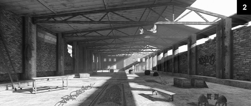 Natural light filters through the skeletal trusses of the abandoned warehouse, revealing textures of history and the potential for renewal.