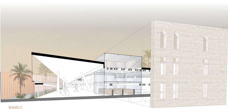 A sectional cut reveals the coexistence of preserved ruins and the new cultural building’s open, modern spatial framework.