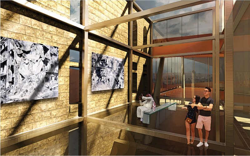 A double-height exhibition atrium merges historic stone walls with contemporary glass and steel, showcasing art rooted in Syria’s memory.