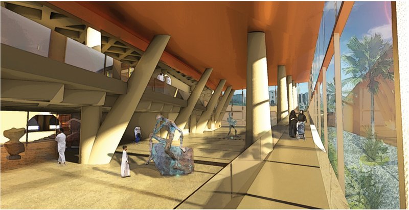 A sun-lit grand hall framed by tilted structural columns creates a dynamic gallery and public gathering space.