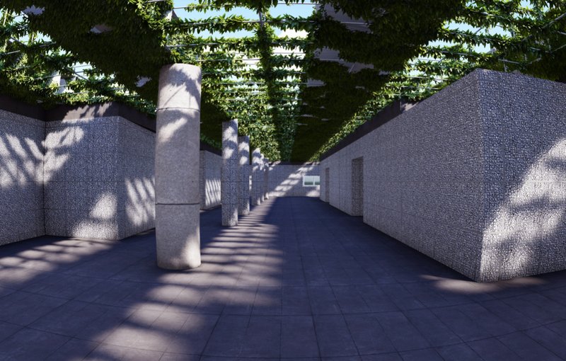 A reimagined souq passage with gabion walls and a living canopy, reviving Aleppo’s culture of shaded public streets.
