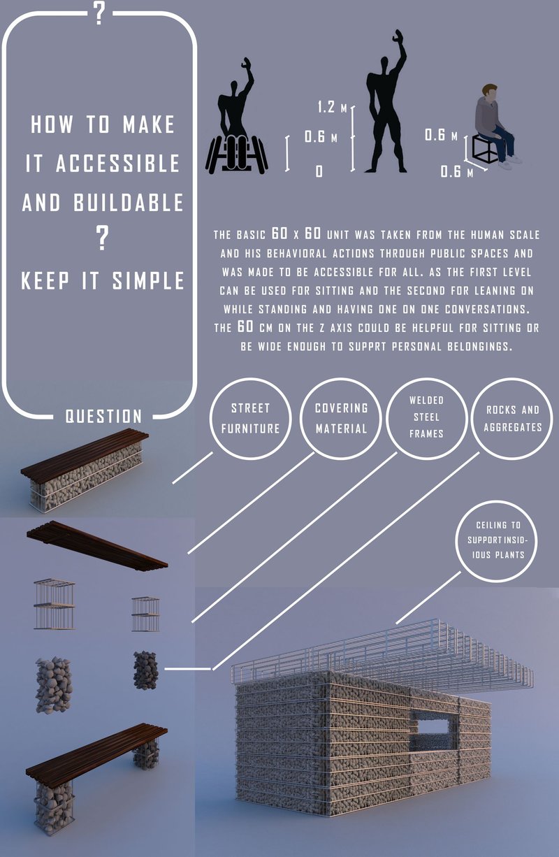 The 60×60 human-scale module demonstrating accessible, buildable units designed for sitting, leaning, and social interaction.