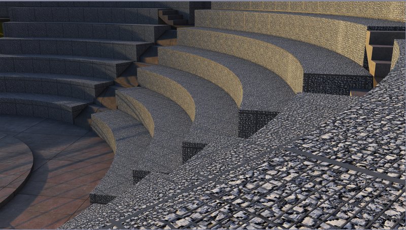 Textured gabion seating forming a circular civic auditorium designed for public voice, dialogue, and collective gathering.