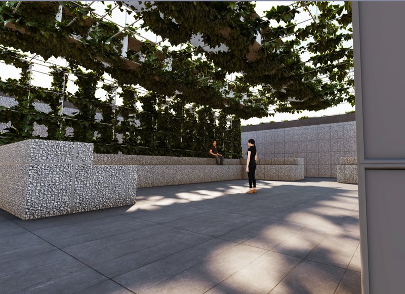 A shaded public plaza with layered vegetation and modular seating, fostering informal meetings and community interaction.