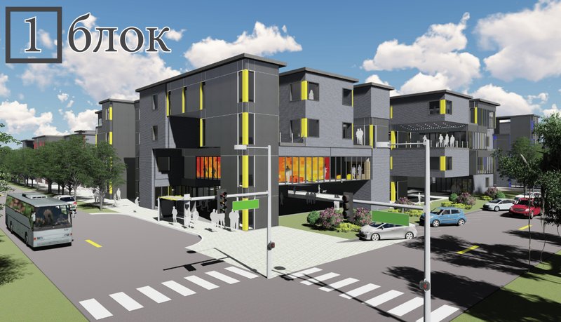 A vibrant street-level perspective highlighting the modular façade, active public edges, and pedestrian-friendly design of One Square Block.