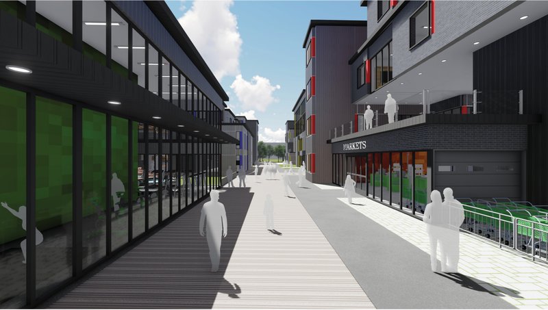 A lively pedestrian corridor framed by cafés, markets, and community amenities that reinforce social interaction within the development.