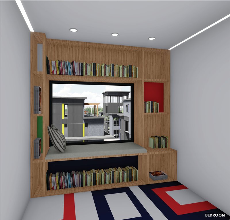 A cozy built-in reading nook offering framed views of the modular community, blending personal comfort with an engaging urban outlook.