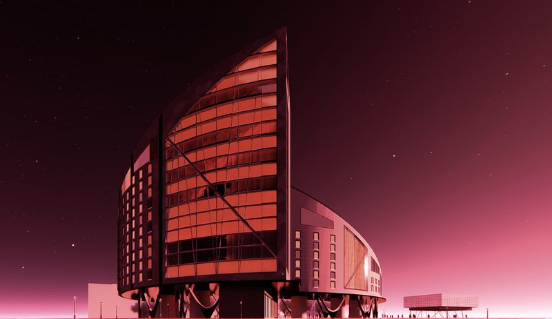 Night render highlighting the sculptural bioclimatic form and dynamic façade of SKLON.