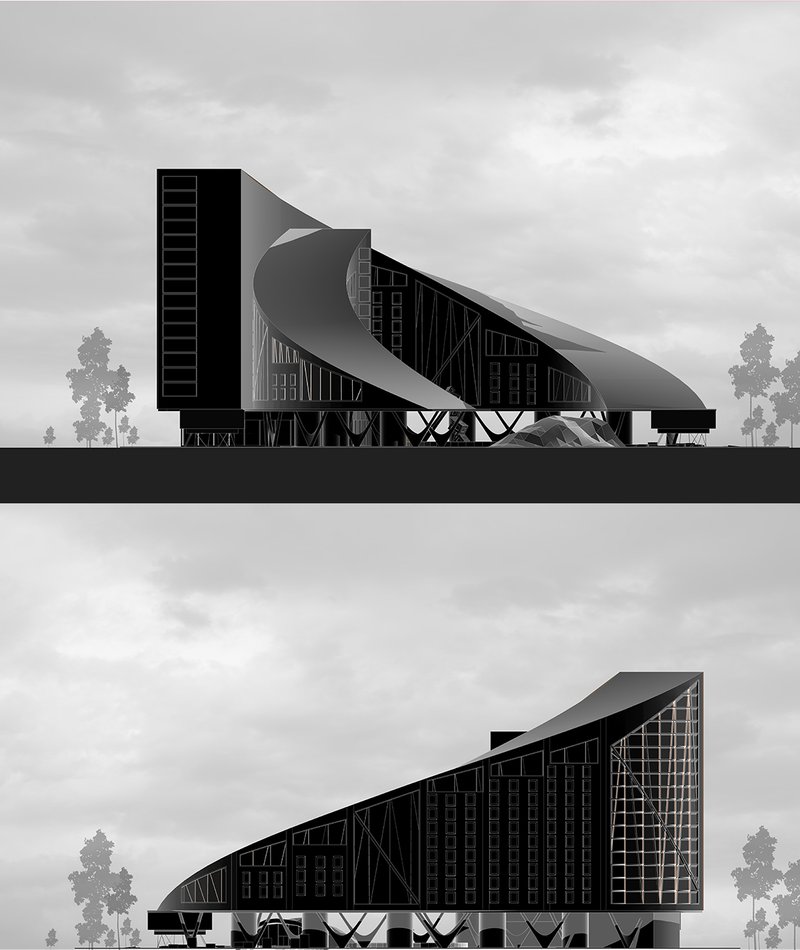Building elevations showcasing the aerodynamic envelope and structural expression of the arc.