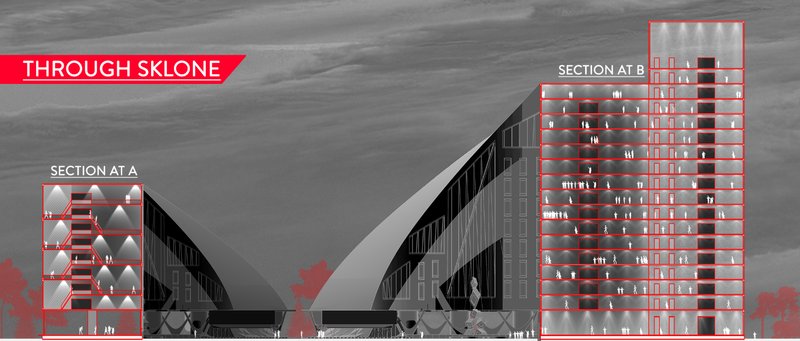 Sectional drawings illustrating social density, spatial hierarchy, and community-focused circulation.