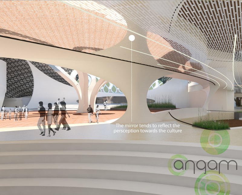 A reflective interior space where light, curvature, and mirrored surfaces reinterpret cultural perception within the architecture.