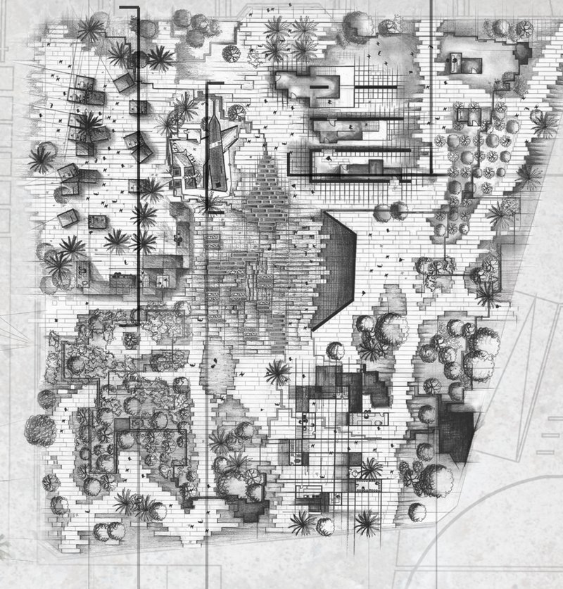 A detailed site plan illustrating the mosaic of public spaces, gardens, and pathways that frame memory and interaction.