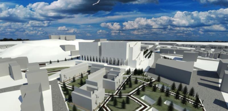 A sweeping aerial view showcasing the project’s urban connection and its relationship with the surrounding city fabric.