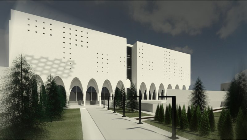 The main façade highlights rhythmic arches and minimalist surfaces inspired by Aleppo’s architectural heritage.