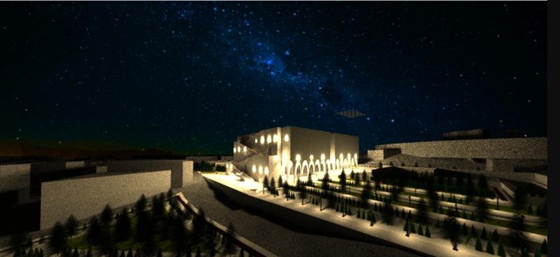 A dramatic nightscape where illuminated arches and terraces transform the center into a glowing civic landmark.