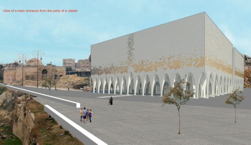The entrance axis creates a powerful dialogue between historic Aleppo and the contemporary cultural center.