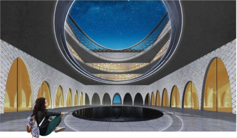 A serene circular courtyard framed by arches and a skyward opening, offering a contemplative public space.