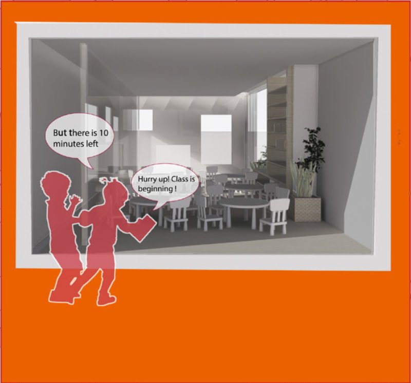 Children gather in a bright, naturally lit classroom designed for early-morning learning.