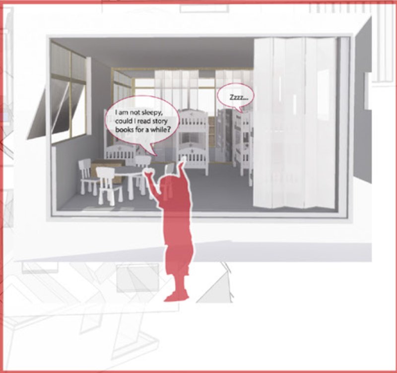 A flexible rest-and-study zone where natural ventilation creates a calm environment for children.