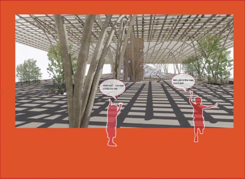 Shaded play areas beneath the bamboo roof offer safe, cool spaces for active exploration.