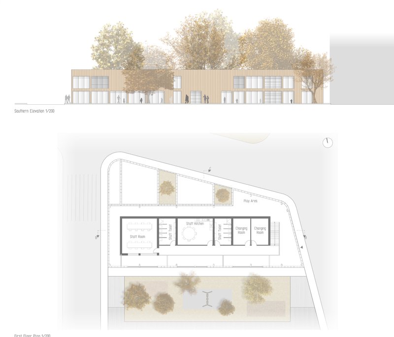 Southern elevation with a warm timber façade integrated into the landscape.