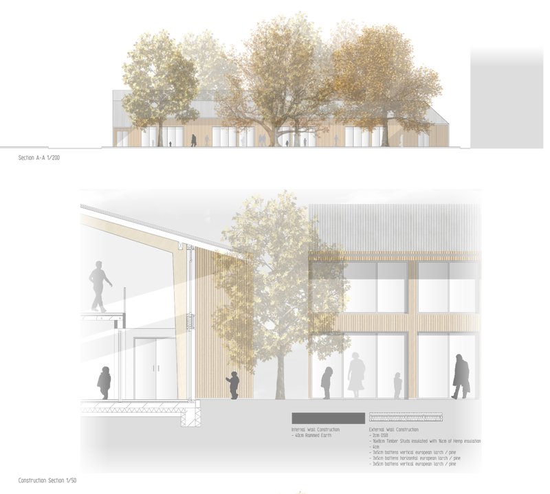 Section A-A framing interior–exterior transitions beneath mature trees.