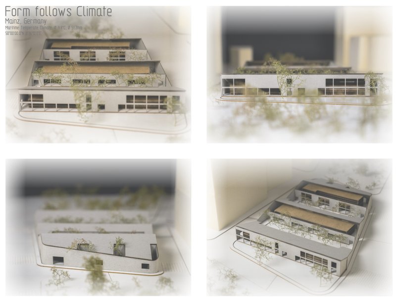 A stepped, climate-responsive massing shaped by three parallel volumes.