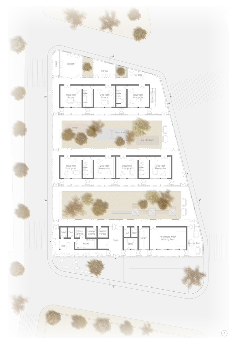 Ground floor layout organized around three open-air courtyards for light, ventilation, and play.