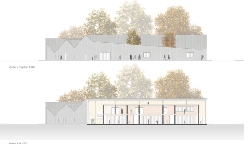 Northern elevation with a dynamic roof profile responding to natural light.