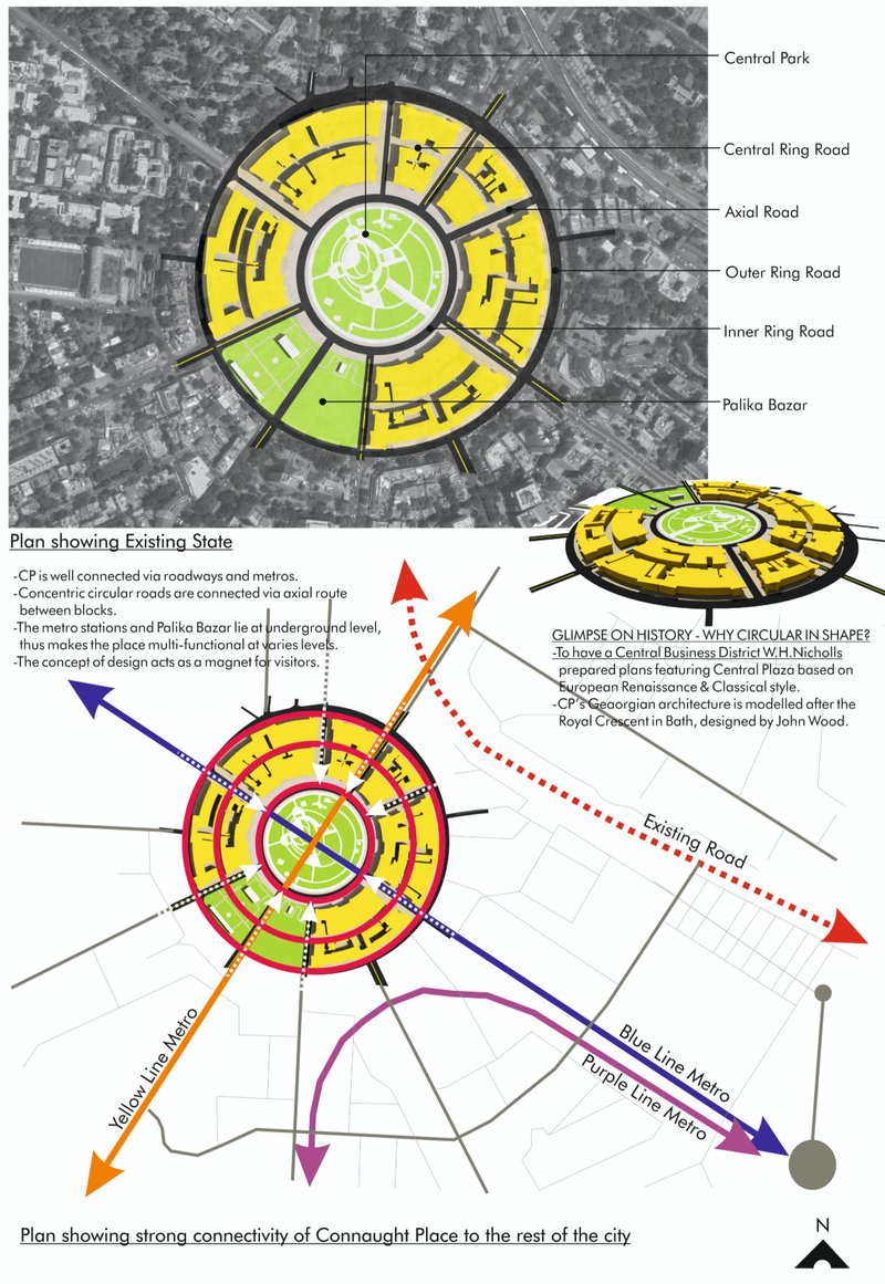 A detailed mapping of Connaught Place’s concentric road network, heritage blocks, and multi-level connectivity through metro lines and public zones.