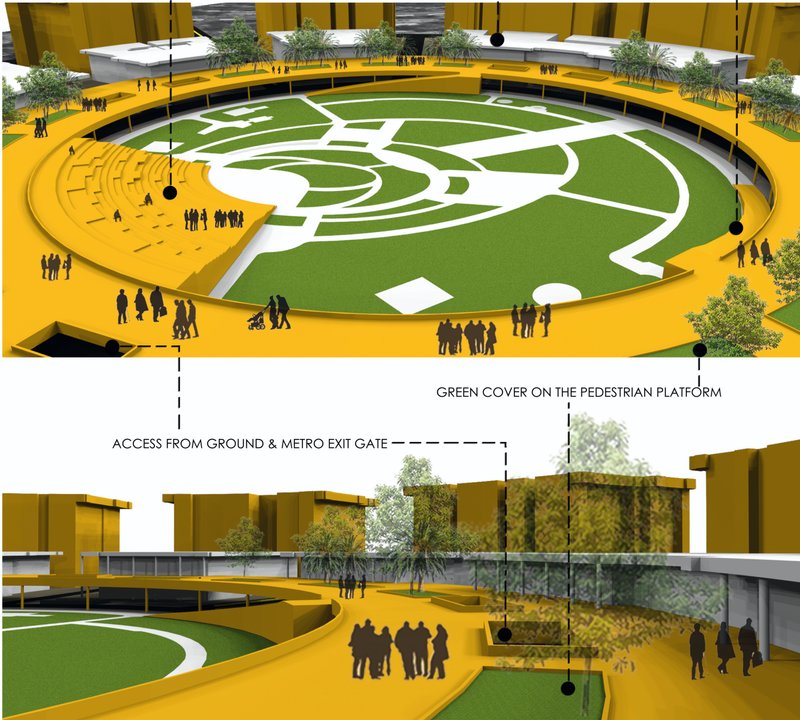 Perspective showing the elevated pedestrian loop, integrated landscaping, and amphitheatre steps connecting seamlessly to Central Park.