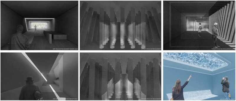 A quiet transitional corridor guiding visitors toward light after an immersive emotional journey.