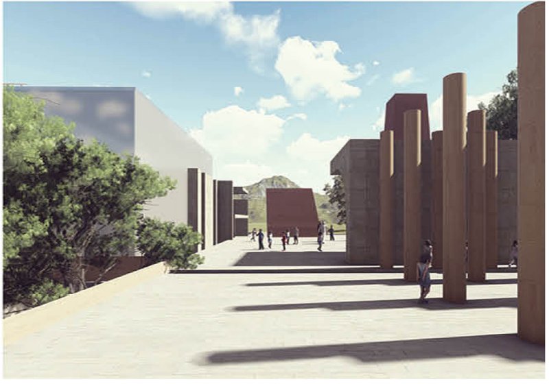 Contrasting curved and linear forms shaping a dynamic urban passage.