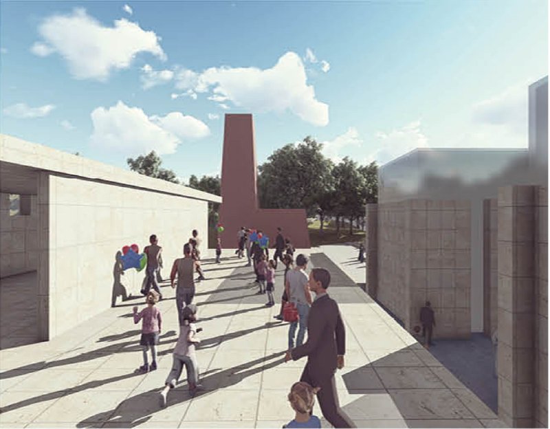 A public walkway framed by monolithic pillars, marking the shift from memory to collective life.