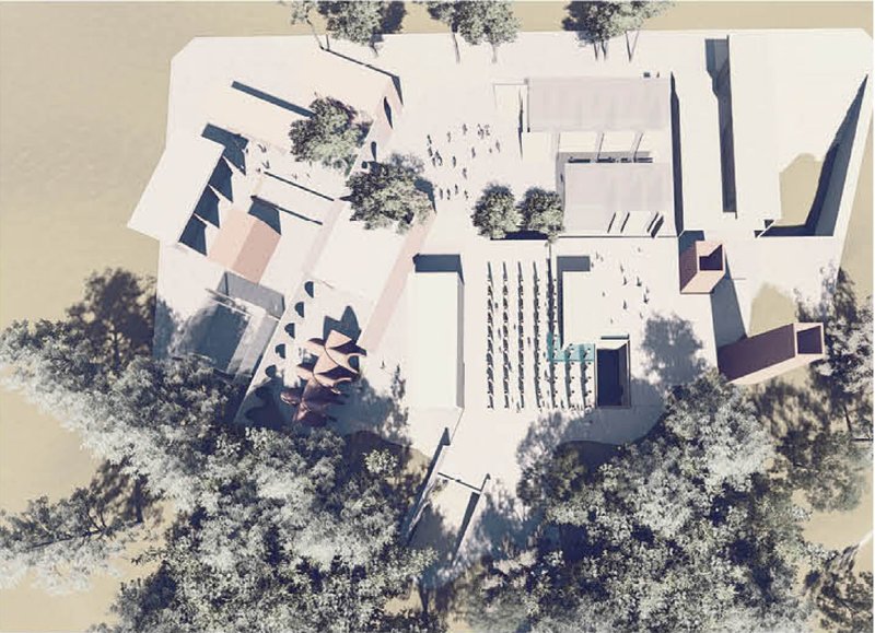 Layered spatial sequences guiding visitors through shaded passages and active gathering zones.