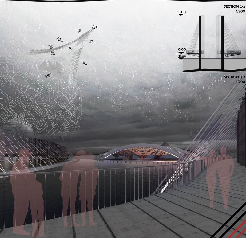 Visitors walk along the elevated promenade as the athenaeum pavilion rises across the water, merging structure, sound, and sky into a unified landscape.