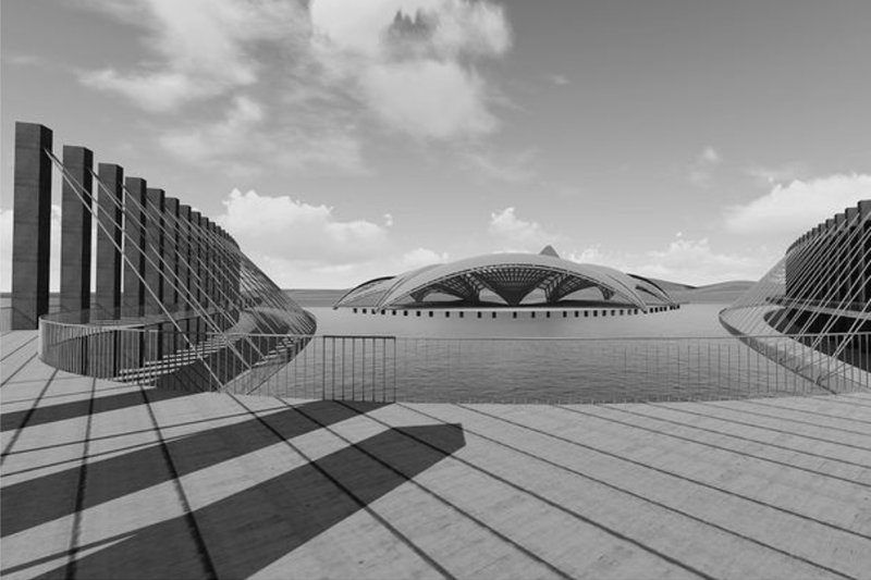 The promenade wraps around towards the domed cultural pavilion, highlighting the interplay between tensile lines and sweeping curves.