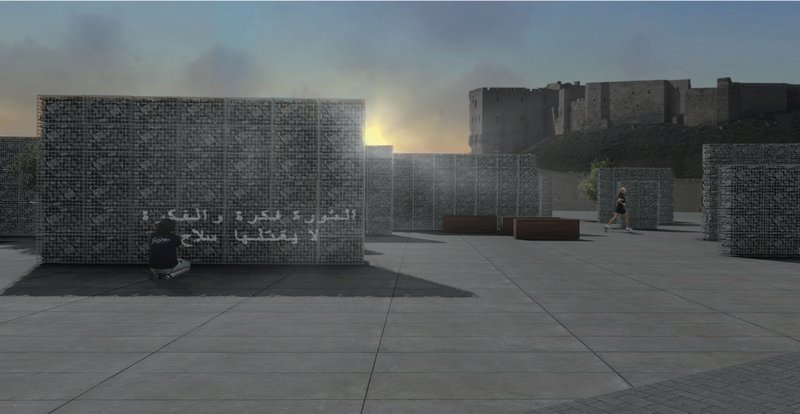 Gabion walls frame a quiet plaza where remembrance and daily life meet beneath Aleppo’s citadel.