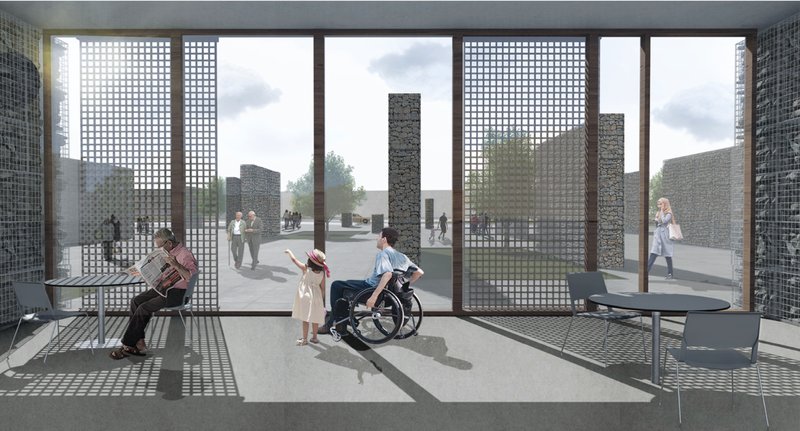 Light and shadow filter through screens, opening calm community spaces toward the evolving memorial outside.