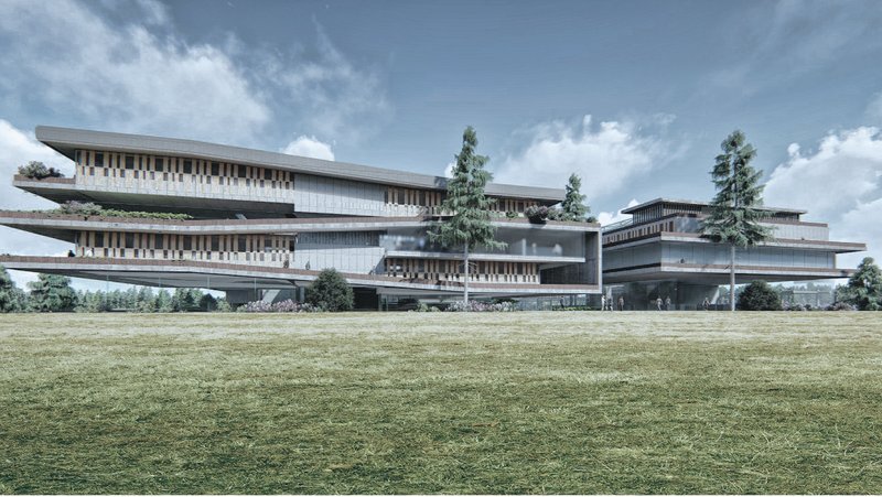 A sweeping view of the Hustle Hub’s layered, climate-responsive terraces integrated with the surrounding landscape.