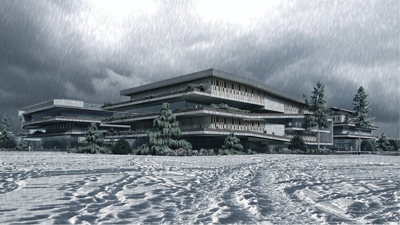 The building’s resilient form adapts to harsh climates, showcasing year-round environmental performance.