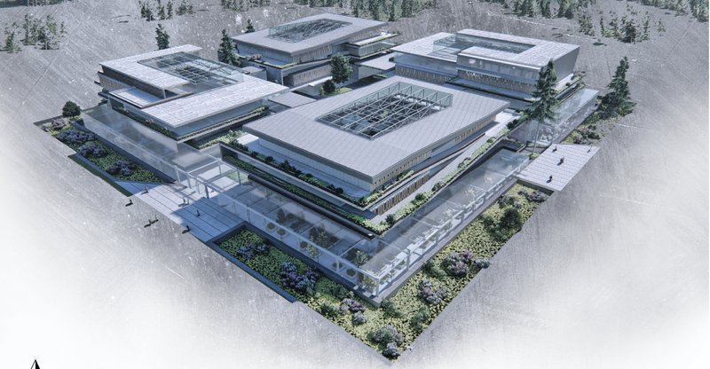 A top-down perspective revealing green roofs, atriums, and interconnected blocks forming a self-sustaining micro-city.