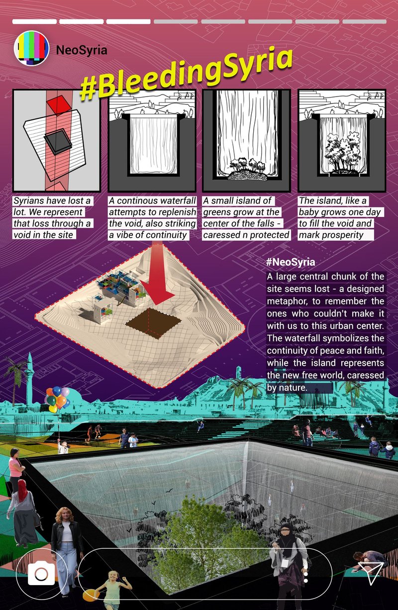 A memorial void filled with cascading water and new growth, symbolizing loss, continuity, and the quiet resilience of a nation rebuilding.