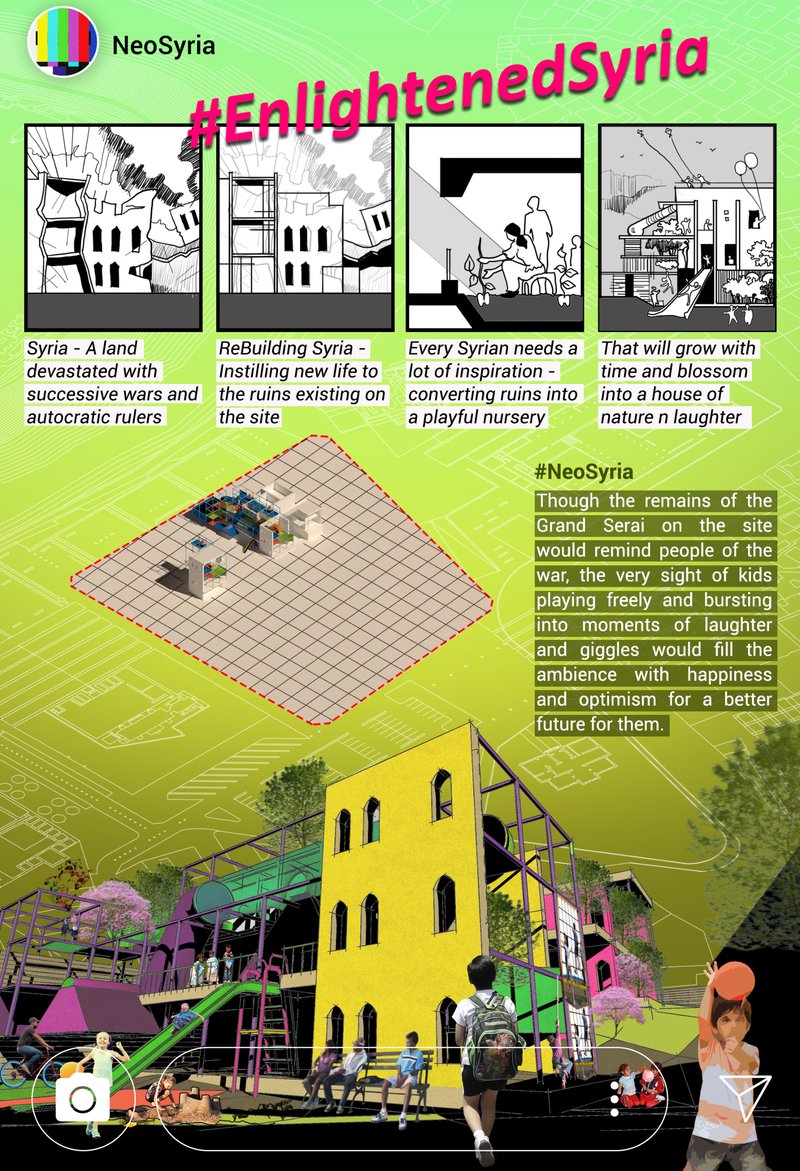 A playful reimagining of Aleppo’s ruins, transforming remnants of conflict into vibrant spaces of joy, learning, and childhood hope.