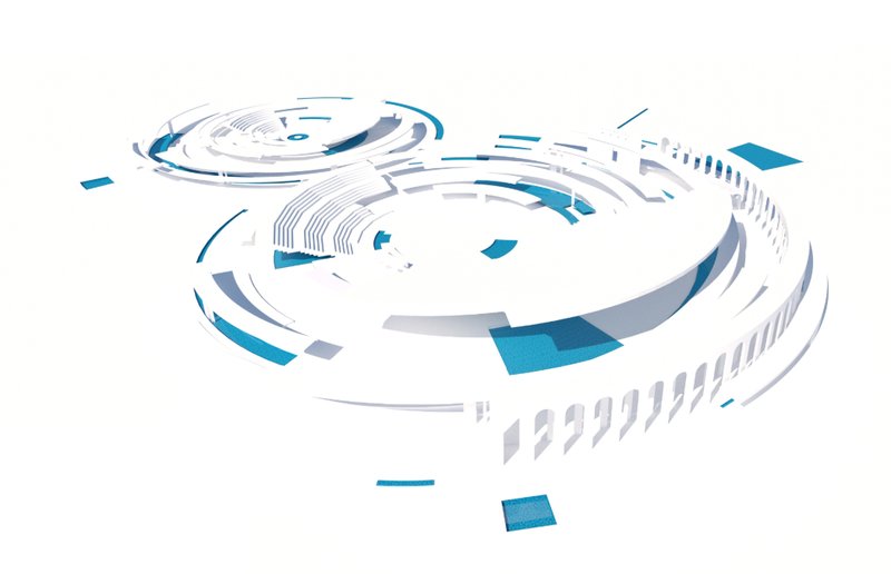 An elevated view of the circular performance platforms forming the heart of Aleppo’s new cultural landmark.