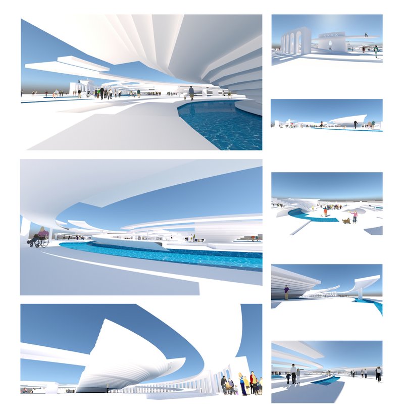 Immersive public spaces featuring fluid walkways, reflective pools, and open gathering zones for cultural interaction.