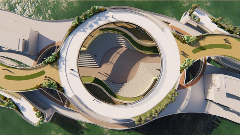 A circular civic amphitheater forming the cultural heart of the master plan.