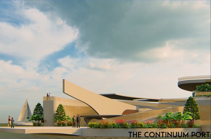 A dynamic waterfront entry showcasing sculpted forms and layered public terraces.